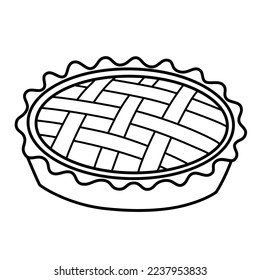 Fresh baked pie icon, pastry lattice, vector doodle illustration of baking pan with sweet pie, homemade food, bakery utensils, isolated outline clipart on white background