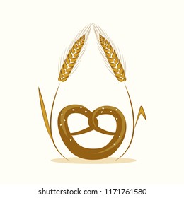 fresh baked pretzel with wheat decoration isolated on a white background vector illustration EPS10