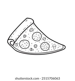 Fatia assada fresca de pizza com salame, pepperoni, cogumelos no estilo de esboço gravado doodle. Pedaço do produto tradicional italiano. Ilustração desenhada à mão para café, padaria, pizzaria, menu de restaurante