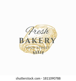 Fresh Bakery Abstract Sign, Symbol or Logo Template. Hand Drawn Roll Bun and Typography. Local Baker Vector Emblem Concept. Isolated.