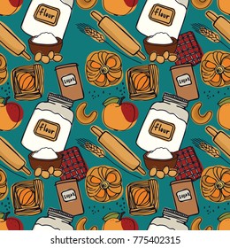 Fresh Bakery Apple Desserts Seamless pattern Blue background