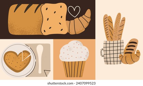 Fresh bakery background in hand draw style. Pastry in geometric shapes. Food banner. Vector illustration. 