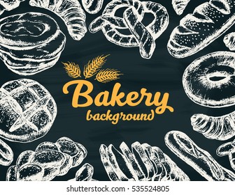 Fresh bakery background on chalkboard, hand drawn vector illustration, vintage style