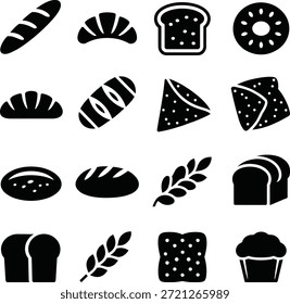 Conjunto de iconos de pan de panadería fresca. Contiene baguette, pan, tostadas en rodajas, croissant, tallo de trigo, panecillo, bollo, gluten, comida y siluetas de pastelería.