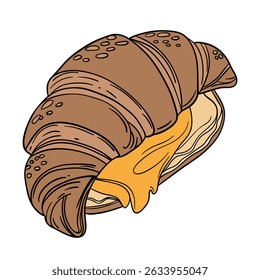 Fresh bakery croissant with cheese flavor taste and butter. Sweet morning french cuisine breakfast. Appetizing and delicious outline art