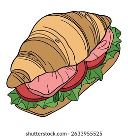 Fresh bakery croissant with salty flavor taste lettuce, tomato, meat or salmon, cheese. Sweet morning french cuisine breakfast. Appetizing and delicious outline art