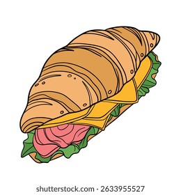 Fresh bakery croissant with salty flavor taste lettuce, tomato, meat or salmon, cheese. Sweet morning french cuisine breakfast. Appetizing and delicious outline art