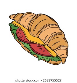 Fresh bakery croissant with salty flavor taste lettuce, tomato, meat or salmon, cheese. Sweet morning french cuisine breakfast. Appetizing and delicious outline art