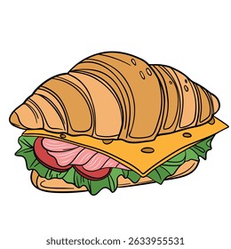 Fresh bakery croissant with salty flavor taste lettuce, tomato, meat or salmon, cheese. Sweet morning french cuisine breakfast. Appetizing and delicious outline art