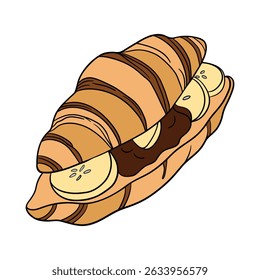 Fresh bakery croissant. Sweet morning french cuisine breakfast. Baked Croissant bakery menu with chocolate and bananas. Fresh dessert and chocolate sauce. Appetizing and delicious outline art