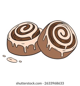 Fresh bakery food dessert. Sweet cinnamon rolls with pastry icing delicious and appetizing bun. Confectionery outline food art
