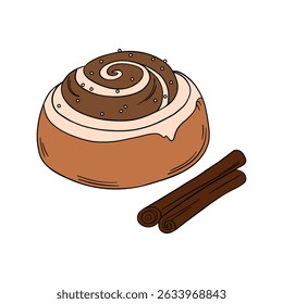Fresh bakery food dessert. Sweet cinnamon rolls with pastry icing delicious and appetizing bun with cinnamon sticks. Confectionery outline food art