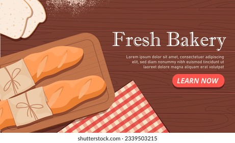 Fresh bakery landing page. Top view at breads and baguettes in package. Flour products and pastry. Cafe or restaurant. Poster or banner for website. Cartoon flat vector illustration