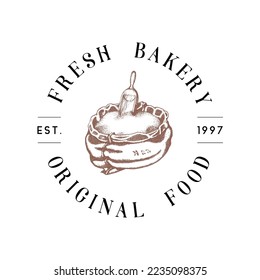 Fresh Bakery logo with grain shovel in sack, illustration in vector, typographic poster, bread vintage emblem, label 