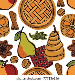 Fresh Bakery Pears, Apples and spice Seamless pattern