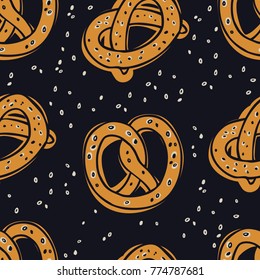 Fresh Bakery Pretzels Kitchen seamless pattern Dark background