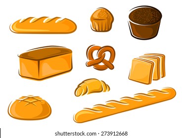 Fresh bakery products in cartoon style including sweet cake, croissant, wheat and rye bread loaves, pretzel, sliced toast bread and baguette for baker shop or food market design