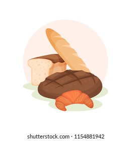 Fresh bakery products. Wheat and rye bread, loaf and croissant. Flat vector element for poster of grocery store
