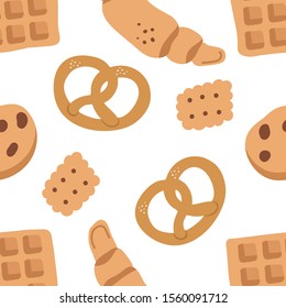 Fresh bakery seamless pattern. Pretzel, croissant, waffles and cookies, Delicious pastries. Fresh bakery products.