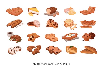 Fresh bakery set. Baked food. Toast bread, French croissant, baguette, puff pastry, buns and rolls. Flour desserts, meringue, muffin. Flat graphic vector illustrations isolated on white background