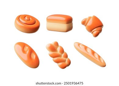 Fresh bakery. Vector 3D illustration of a set of bakery products: baguette, french baguette, loaf of bread, croissant, bun. Cooking icons for apps, websites. Cartoon style, isolated white background.