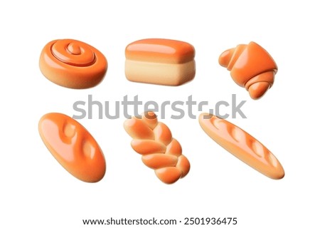 Fresh bakery. Vector 3D illustration of a set of bakery products: baguette, french baguette, loaf of bread, croissant, bun. Cooking icons for apps, websites. Cartoon style, isolated white background.