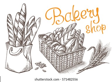 Fresh Bakery vector hand drawn set illustration in graphic style