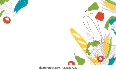Fresh bakery, vegetables and fruits flat vector illustration. Healthy eating in recyclable shopping bags. Eco friendly containers and vegetarian salad ingredients isolated on white background
