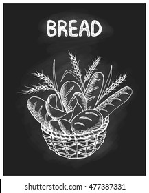 Fresh bakery in a wicker basket. Hand drawn vector illustration. Sketch art.