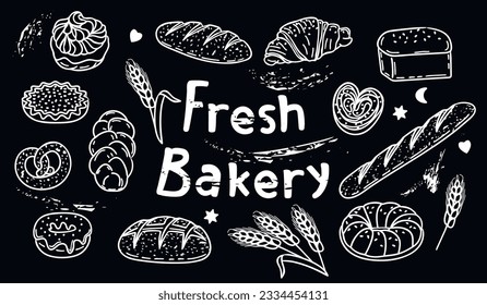 Fresh Bakery.Banner with pastries and lettering.Bread,baguette,buns,croissant,donut and other products.Background with Line Art of food for bakery or cafe.Vector  illustration white elements on black.