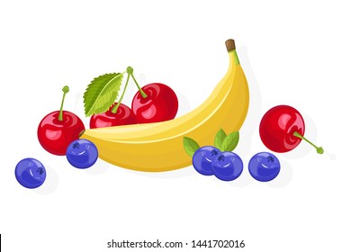 Fresh banana and cherry fruits Vector banner isolated on white