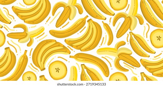 Ilustración vectorial de patrón transparente de fruta de plátano fresca. Ramos de plátano amarillo vibrante y rebanadas de fondo transparente