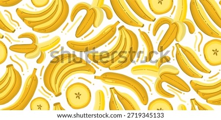 Fresh banana fruit seamless pattern vector illustration. Vibrant yellow banana bunches and slices seamless background