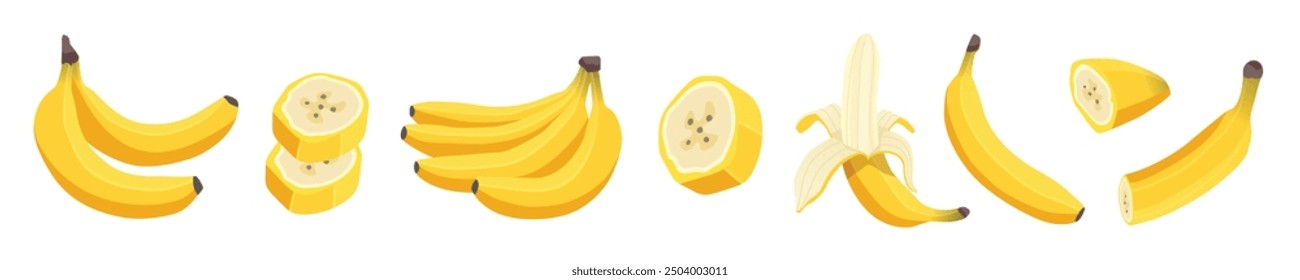 Fresh banana fruits set isolated on white background. Peeled banana and bunch of bananas, pieces and slices collection. Tropical fruits, banana snack, vegetarian menu. Vector illustration, flat simple