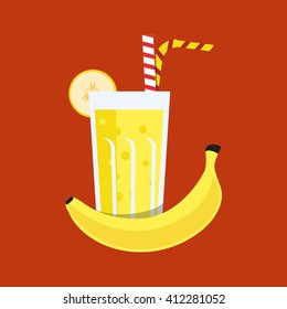 Fresh banana juice. Banana juice on orange background. Banana juice vector illustration. Banana fresh in a glass. Banana juice with tubule. Fresh juice for menu in cafe. Fresh banana juice in a glass