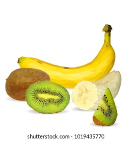 Fresh banana, nutritious and tasty kiwi. Symbols of fruits. Elements for label design. Vector illustration. Fruits ingredients in triangulation technique. Kiwi low poly.