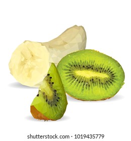Fresh banana, nutritious and tasty kiwi. Symbols of fruits. Elements for label design. Vector illustration. Fruits ingredients in triangulation technique. Kiwi low poly.