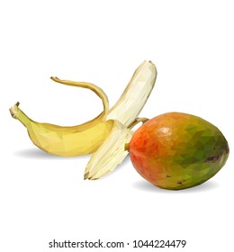 Fresh banana, nutritious and tasty mango. Symbols of fruits. Elements for label design. Vector illustration. Fruits ingredients in triangulation technique. Mango and banana low poly.