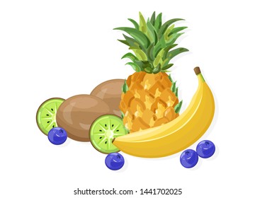 Fresh banana and pineapple fruits Vector banner isolated on whites
