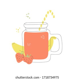 Fresh banana and strawberry smoothie. Glass jar with a straw, fruit and berries. Delicious summer drink in doodle style. Whimsical food illustration. 