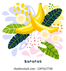 Fresh banana tropical fruits juice splash organic food ripe juicy bananas splatter on abstract background vector hand drawn illustrations
