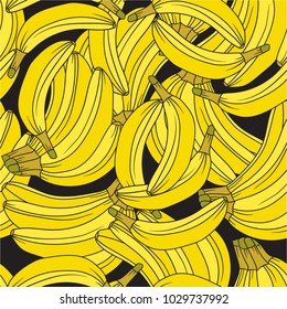 Fresh bananas background. Hand drawn overlapping backdrop. Colorful wallpaper vector. Seamless pattern with fruits collection. Decorative colored illustration, good for printing