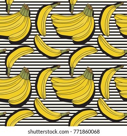 Fresh bananas background. Hand drawn overlapping backdrop. Colorful wallpaper vector. Seamless pattern with fruits collection. Decorative illustration, good for printing
