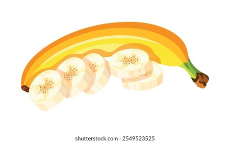Bananas frescas em estilo cartoon. Ilustração vetorial de deliciosas bananas doces, sem casca e descascadas, inteiras e fatiadas, peças isoladas sobre fundo branco. Frutos úteis.