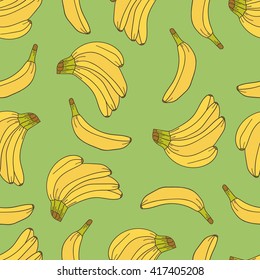 Fresh bananas hand drawn background. Doodle wallpaper vector. Colorful seamless pattern with fruits