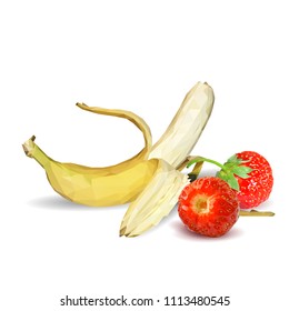 Fresh bananas, nutritious and tasty strawberries. Fruits and berries. Elements for label design. Vector illustration. Fruits ingredients in triangulation technique. Strawberries and banana low poly.