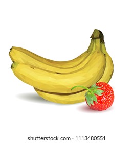 Fresh bananas, nutritious and tasty strawberries. Fruits and berries. Elements for label design. Vector illustration. Fruits ingredients in triangulation technique. Strawberries and banana low poly.