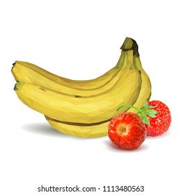 Fresh bananas, nutritious and tasty strawberries. Fruits and berries. Elements for label design. Vector illustration. Fruits ingredients in triangulation technique. Strawberries and banana low poly.