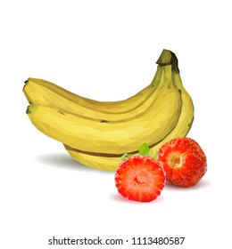 Fresh bananas, nutritious and tasty strawberries. Fruits and berries. Elements for label design. Vector illustration. Fruits ingredients in triangulation technique. Strawberries and banana low poly.