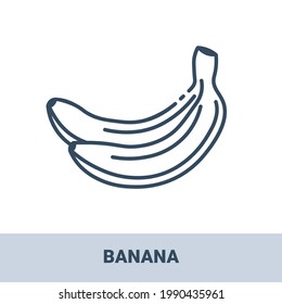 Fresh bananas outline monochrome icon with title. Vector monochrome illustrations isolated on white background. Healthy food concept.